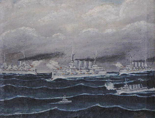Oil on canvas painting showing Roosevelt's Great White Fleet