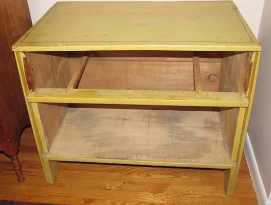 Great early painted chest with two drawers, hand carved wooden pulls, square nail construction, has unusual drawer slides that go into the back boards.